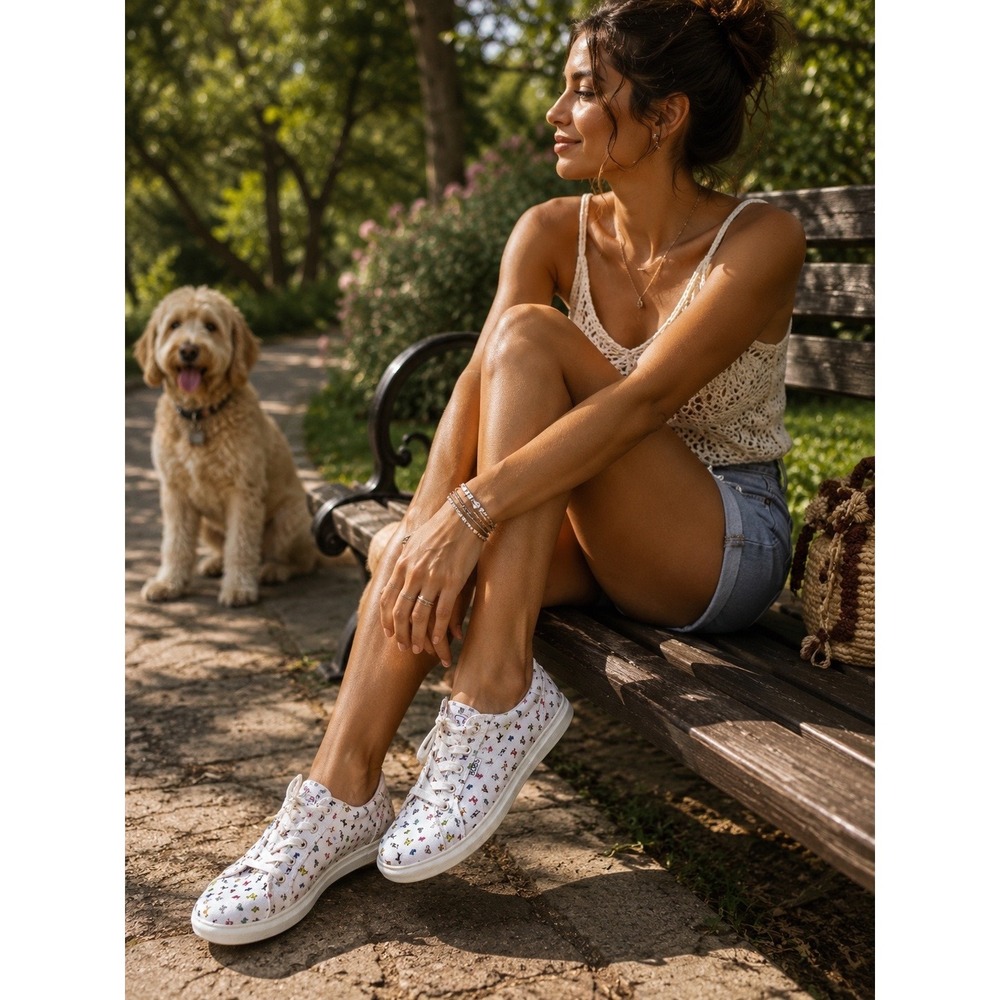 Skechers BOBS Beach Bingo White Dog Print Sneakers 114776 Womens Size 8